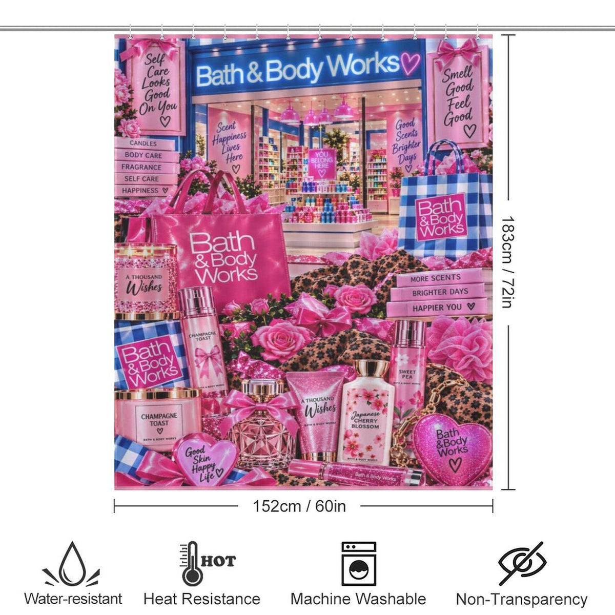 Pink & Blue Self Care Shower Curtain, Girly Bathroom Decor, Perfume Candle Floral Collage, Glam Beauty Bathroom