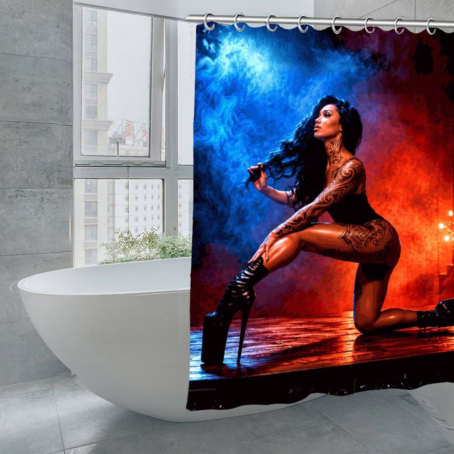 Luxury Tattooed Beauty Waterproof Shower Curtain | Romantic Gothic Bathroom Decor | Moody Red & Blue Glam Bath Curtain | Sexy Modern Bathroom Art