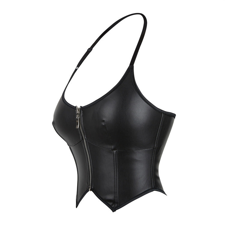 Leather Halter Zipper Tube Top for Women – Sexy Body Shaping Corset Top, Faux Leather Clubwear Crop Top, Chest Support Streetwear Fashion
