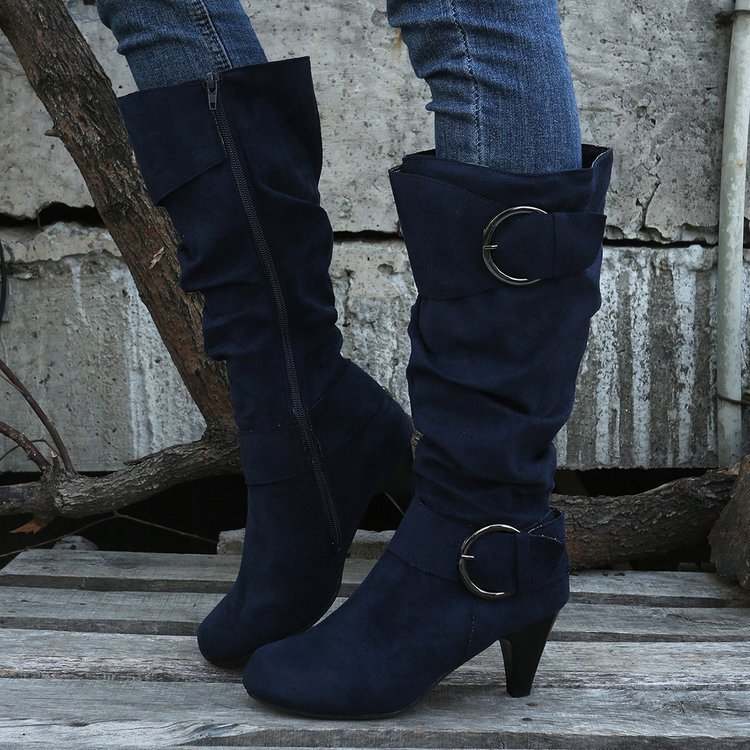 High Tube Below The Knee Round Head Buckle Women Boots