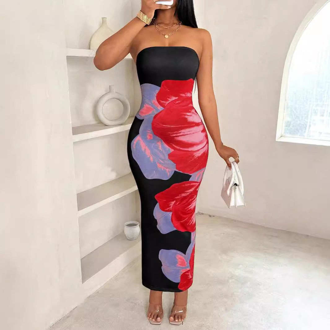 Women's Slim-Fit Floral Print Dress with Bold Contrast Colors – Elegant & Eye-Catching