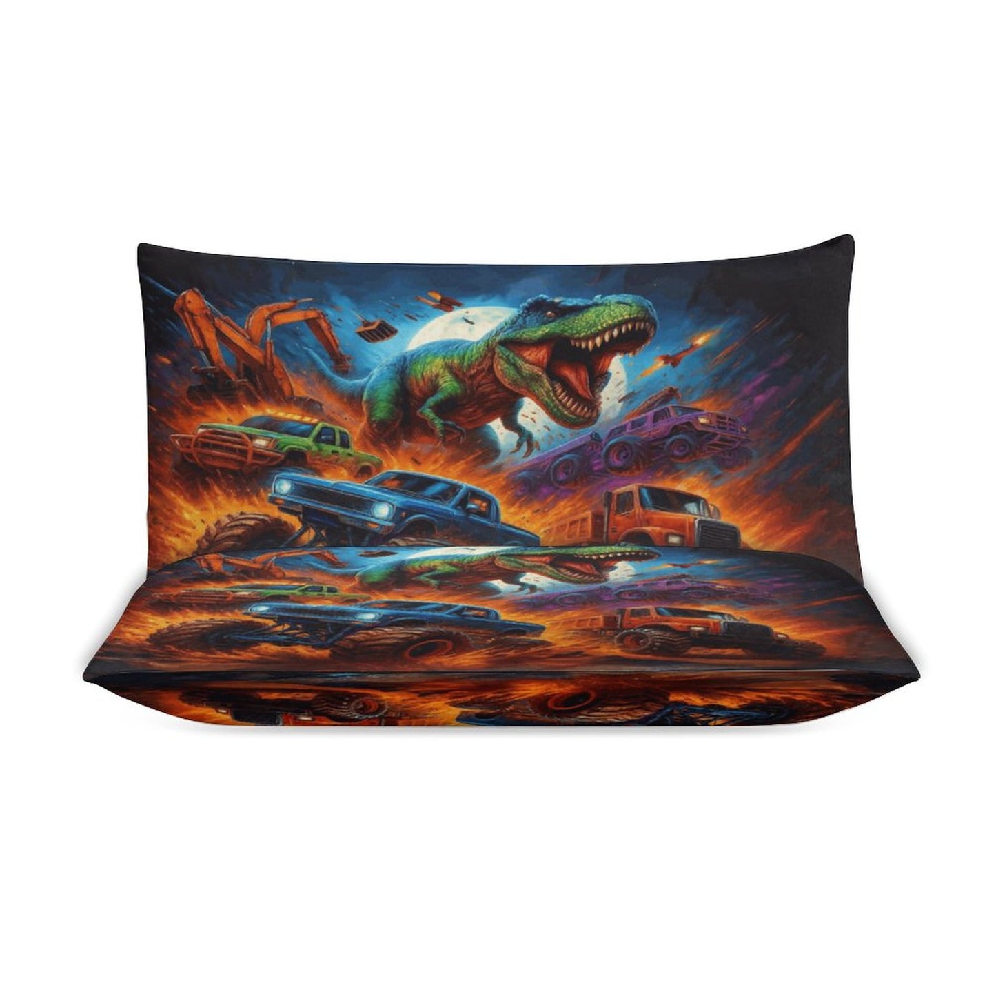 Jurassic Dinosaur Kids Bedding Set – 3-Piece Twin Size 86"x70" | Hot Wheels Truck Chase Design | Double-Sided Print | Boys Room Decor