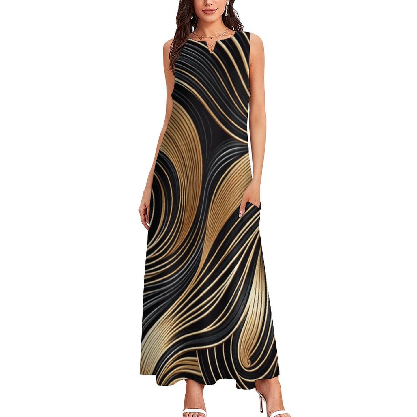 Black and Gold Sleeveless Ankle-length Dress/ Casual Dress/ Evening Wear