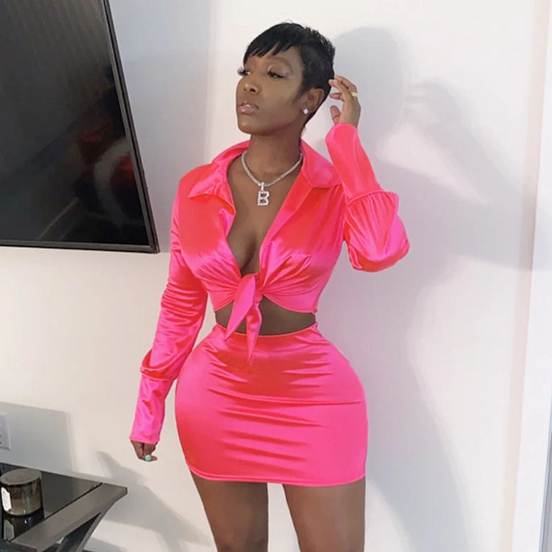 Chic Lapel Tie-In Deep V Long Sleeve Top & Skirt Set | Elegant Two-Piece Outfit for Women