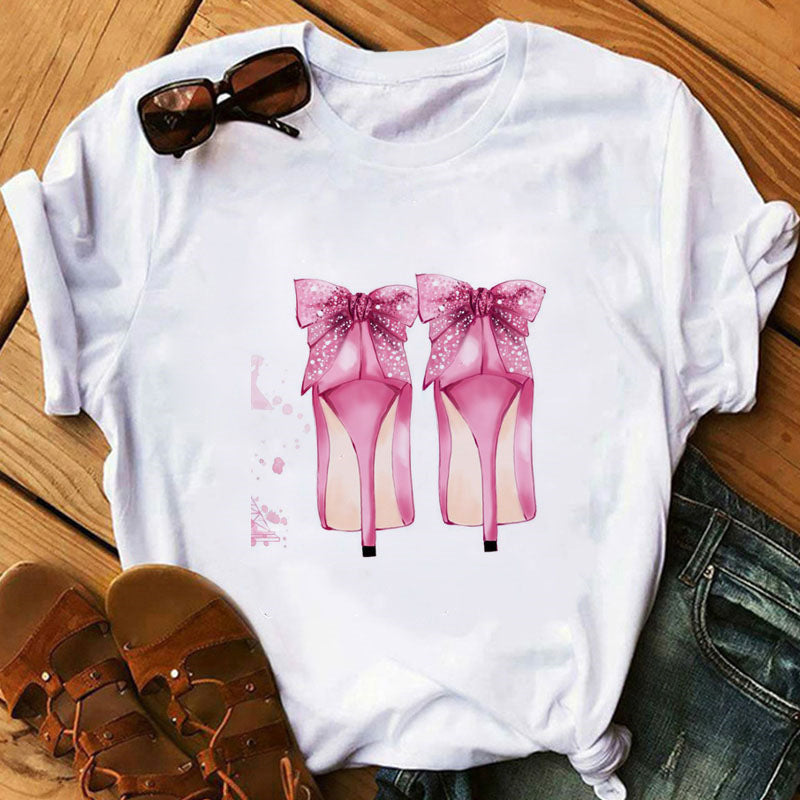 Women's High Heels Pattern Cute Loose Top T-shirt