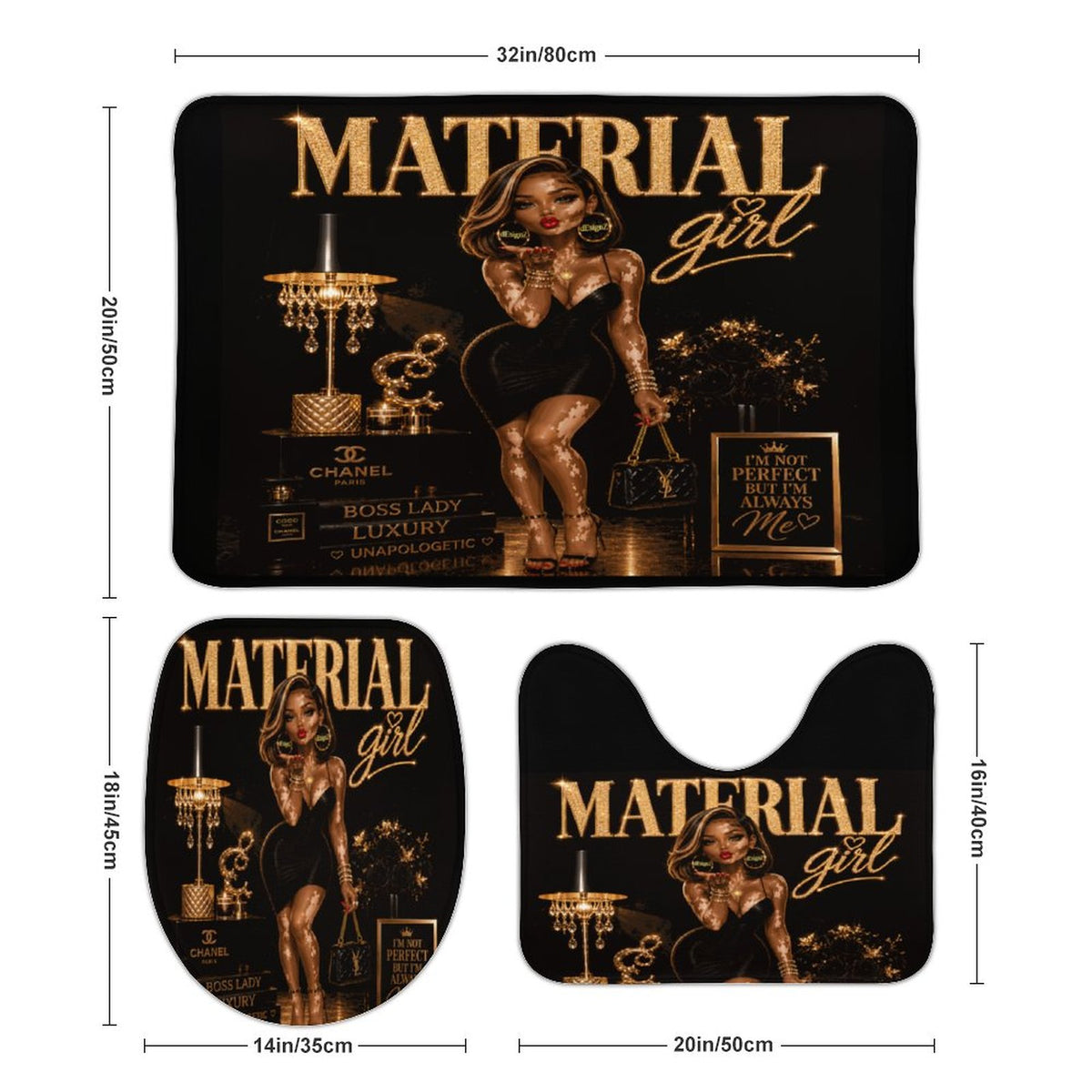 Material Girl Bathroom Mat Set, Black Gold Glam Bath Rugs, 3 Piece Toilet Mat Set, Luxury Bathroom Decor, Boss Lady Bath Set