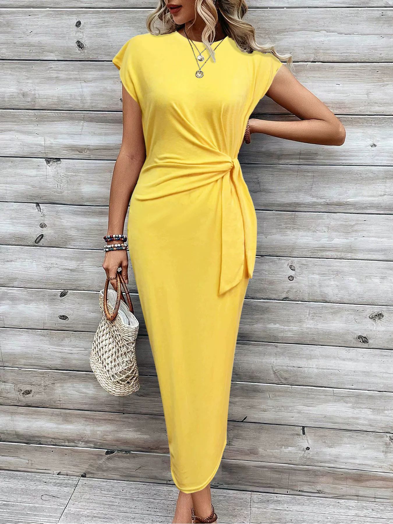 Elegant Striped Waist Strap Two-Piece Dress Set – Round Neck Short Sleeve & Long Skirt for Women