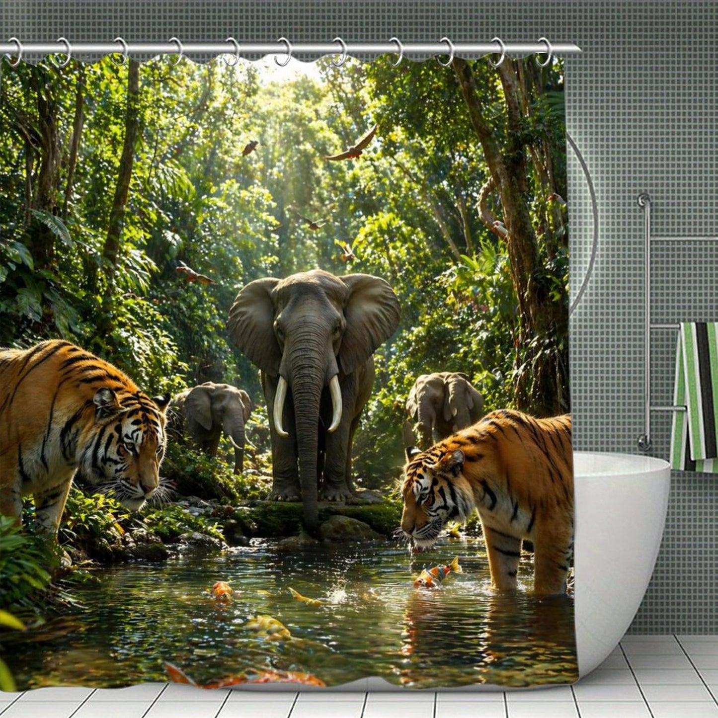 Luxury Jungle Wildlife Shower Curtain – Elephant & Tiger Nature Scene Waterproof Bathroom Decor, Tropical Forest Animal Bath Curtain
