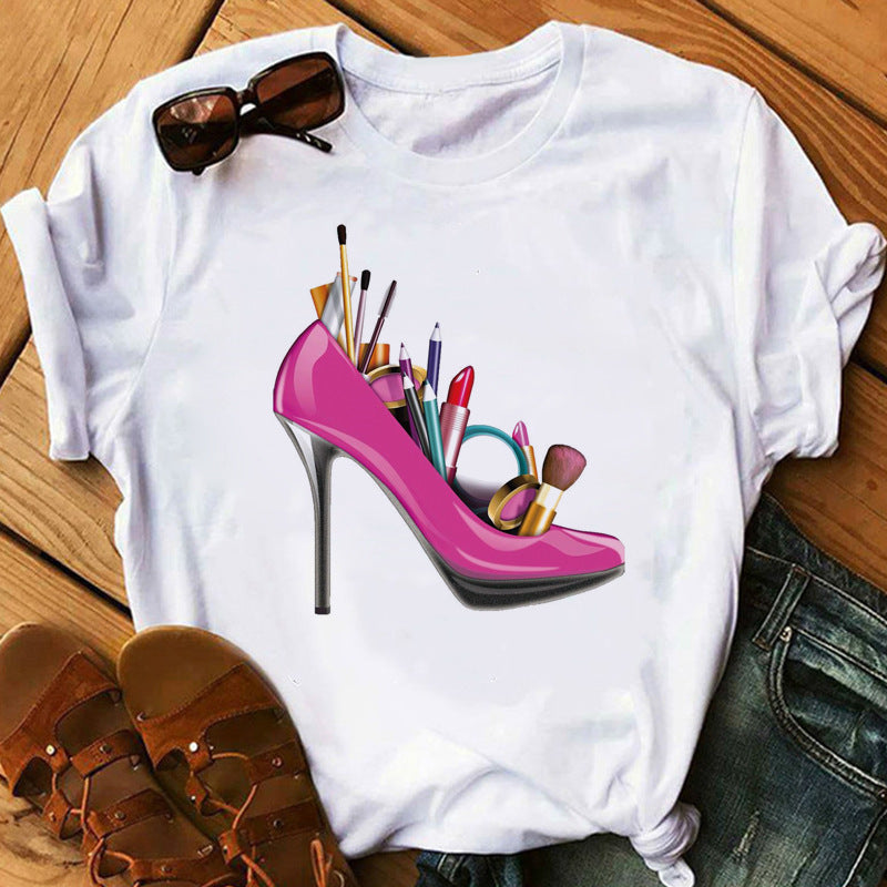 Women's High Heels Pattern Cute Loose Top T-shirt