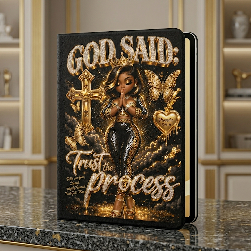 God Said: Trust the Process Book-Style iPad Case with Apple Pencil Holder | Inspirational Christian iPad Protector Cover | Black & Gold Faith-Based Tablet Case