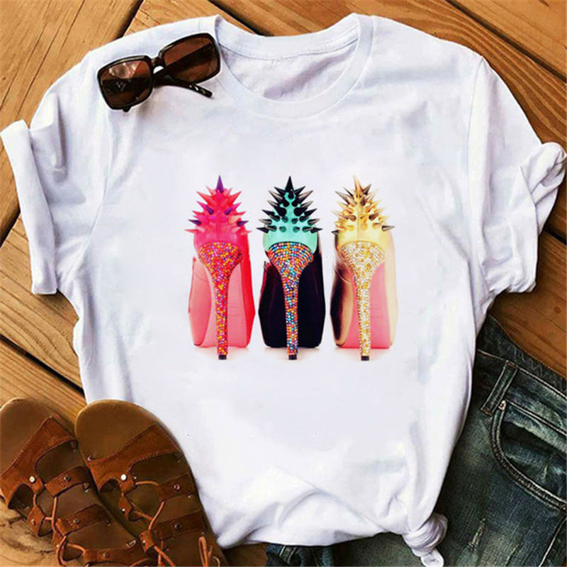 Women's High Heels Pattern Cute Loose Top T-shirt
