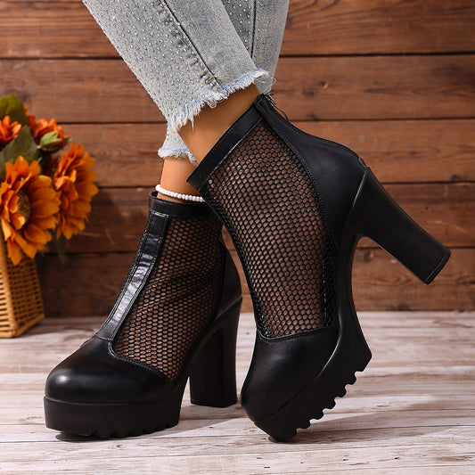 Womens Mesh Chunky Heel Fashion Ankle Boots With Back Zip