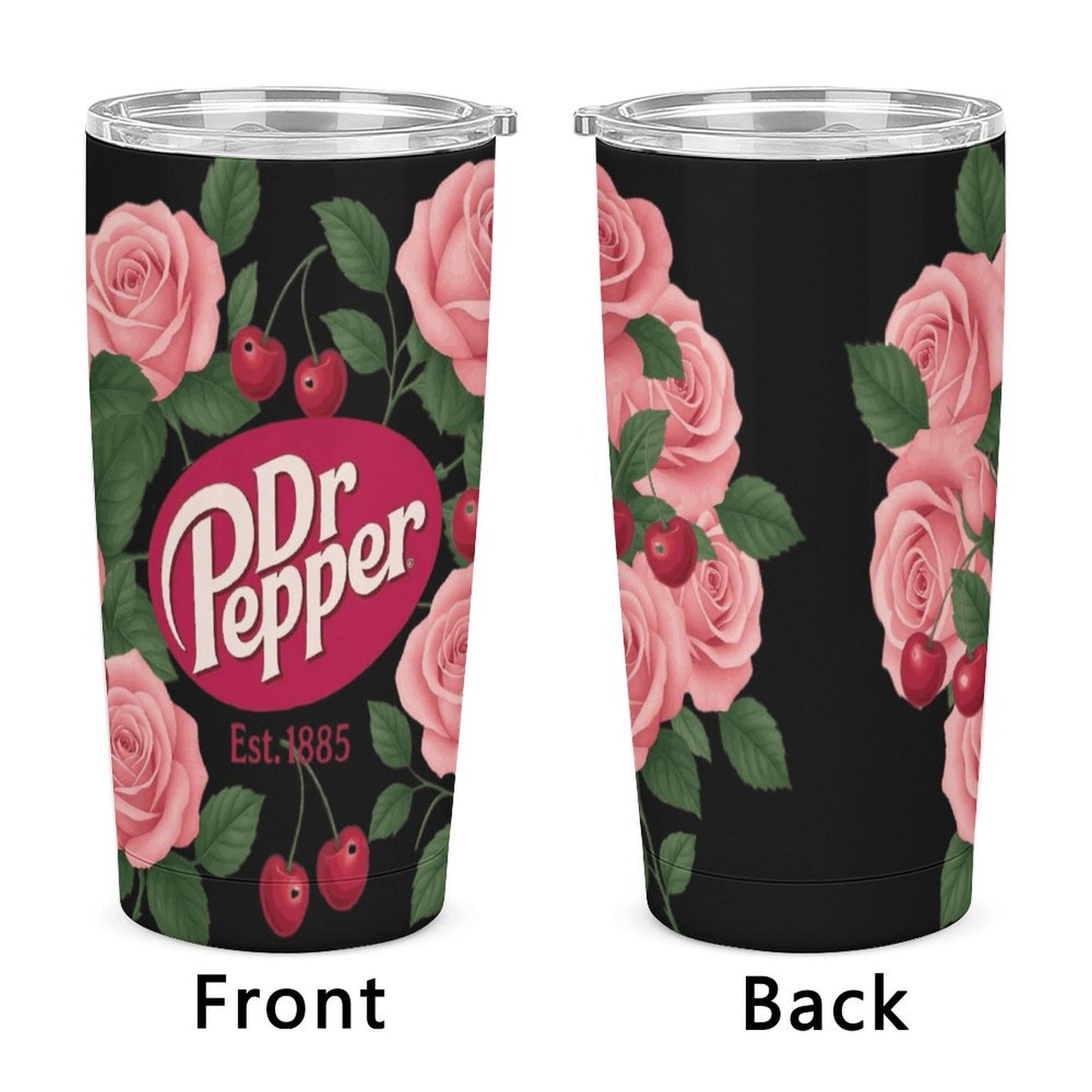 Dr. Pepper Black & Pink Floral Tumbler with Straw | Vintage Cherry Rose Insulated Travel Cup | 20oz Stainless Steel Tumbler