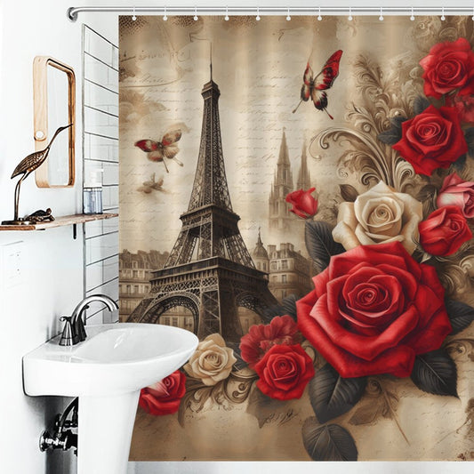 Paris Romance Eiffel Tower & Red Roses Vintage Shower Curtain - Elegant French Bathroom Decor