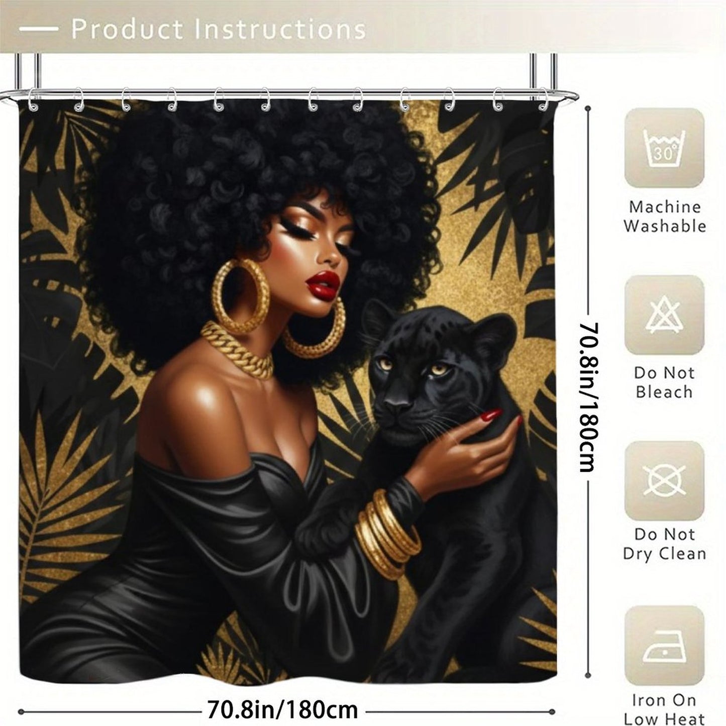 Black Panther Queen Shower Curtain | Black & Gold Afro Art | Melanin Magic Luxury Bathroom Decor | Glamorous Jungle Print | Red Lips & Gold Jewelry