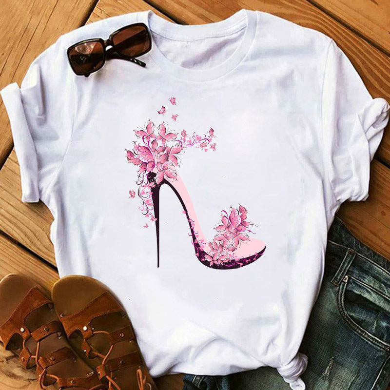 Women's High Heels Pattern Cute Loose Top T-shirt