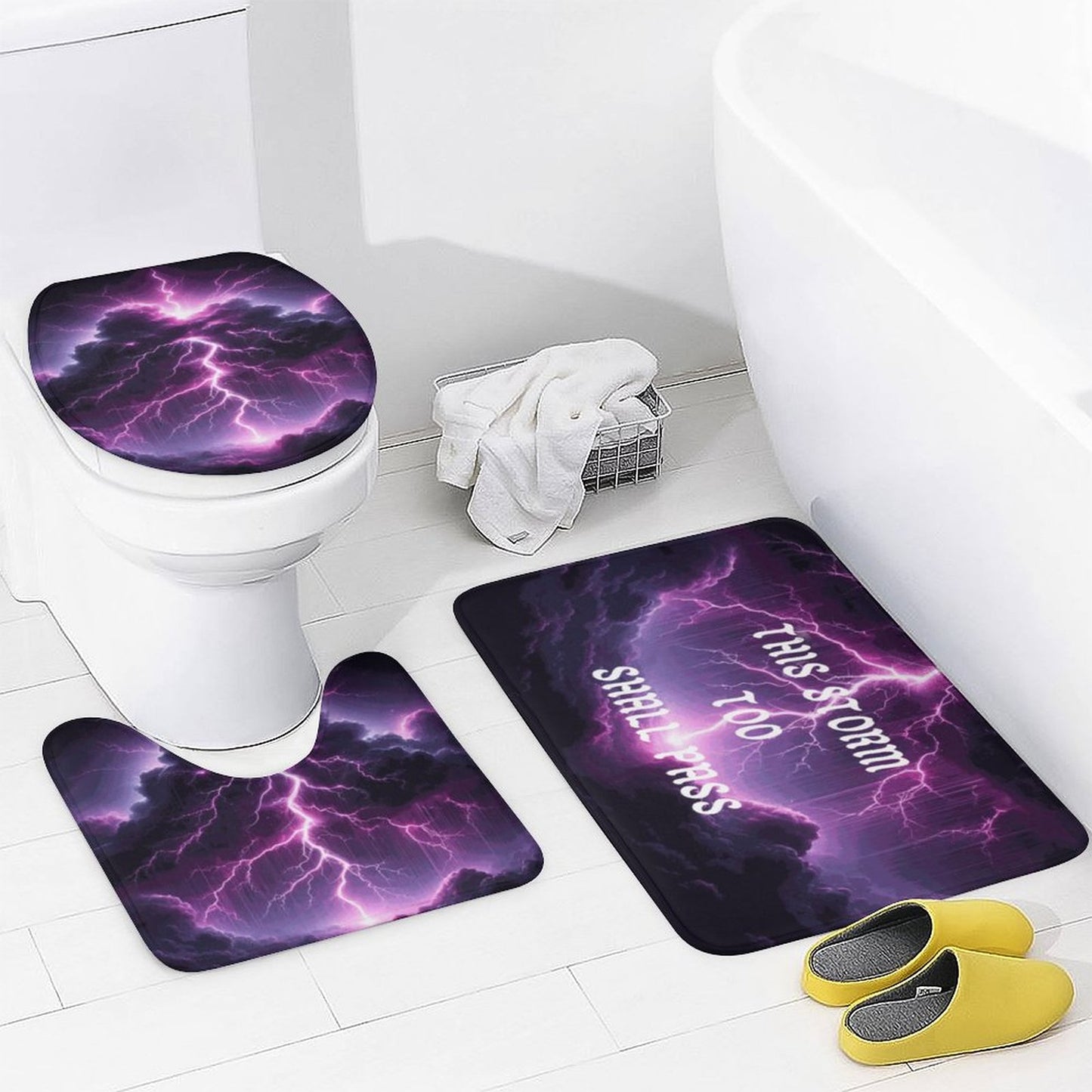 Black and Purple Thunder Storm Shower Curtain Set with 3 Rugs/ Guest Bathroom/ Master Bathroom