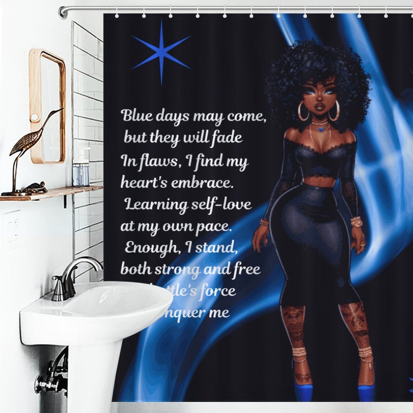 Melanin Doll House Affirmation Shower Curtain/ Master Bathroom/ Black and Blue Guest Bathroom