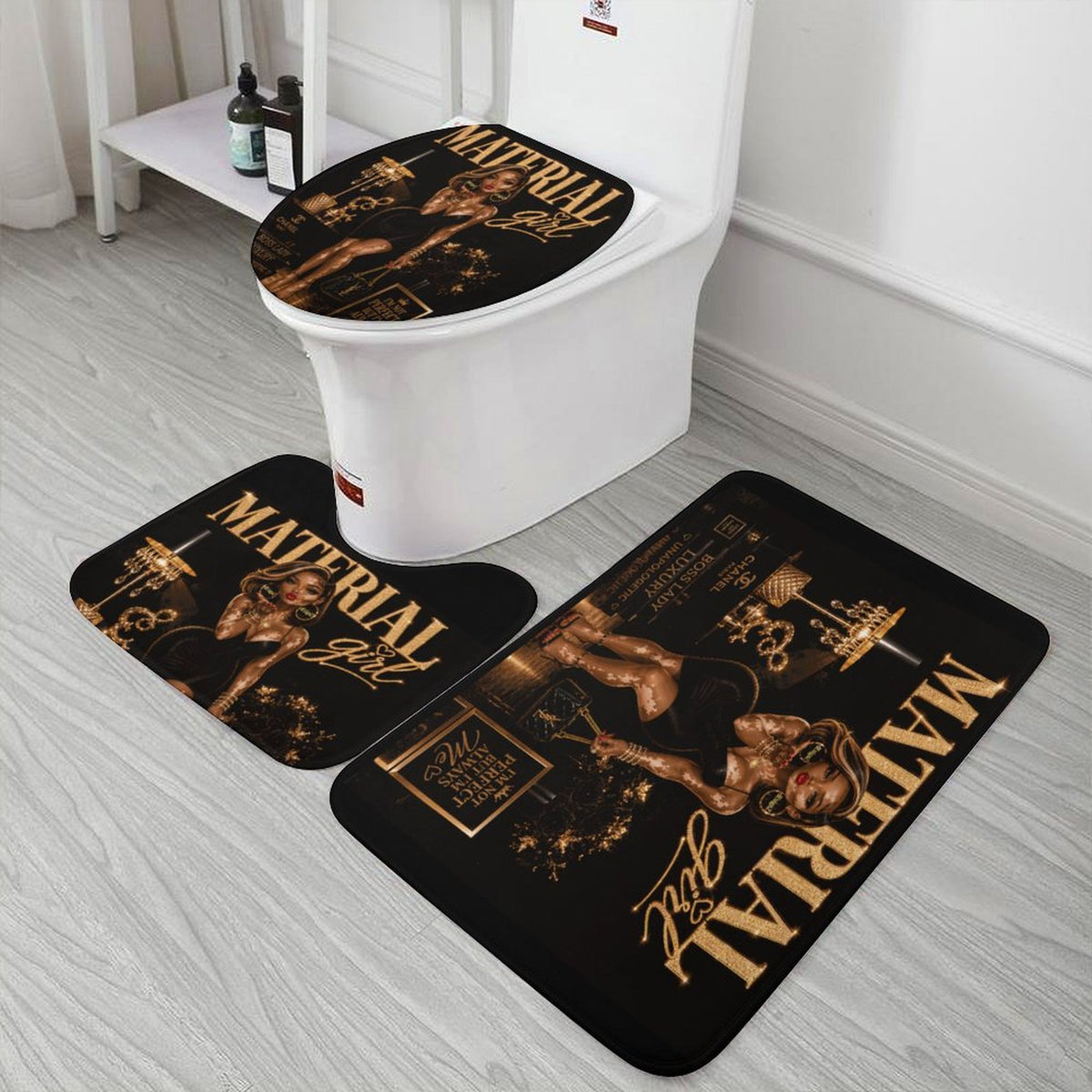 Material Girl Bathroom Mat Set, Black Gold Glam Bath Rugs, 3 Piece Toilet Mat Set, Luxury Bathroom Decor, Boss Lady Bath Set