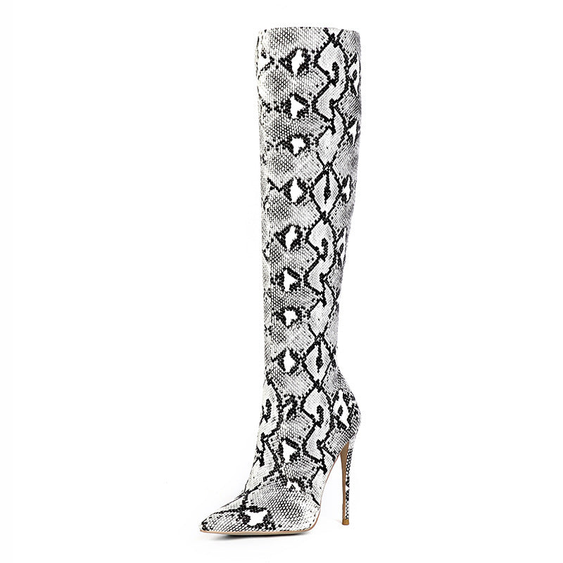 Spring And Autumn New Stiletto Heel High Heels Side Zipper Snake Pattern High-top Boots