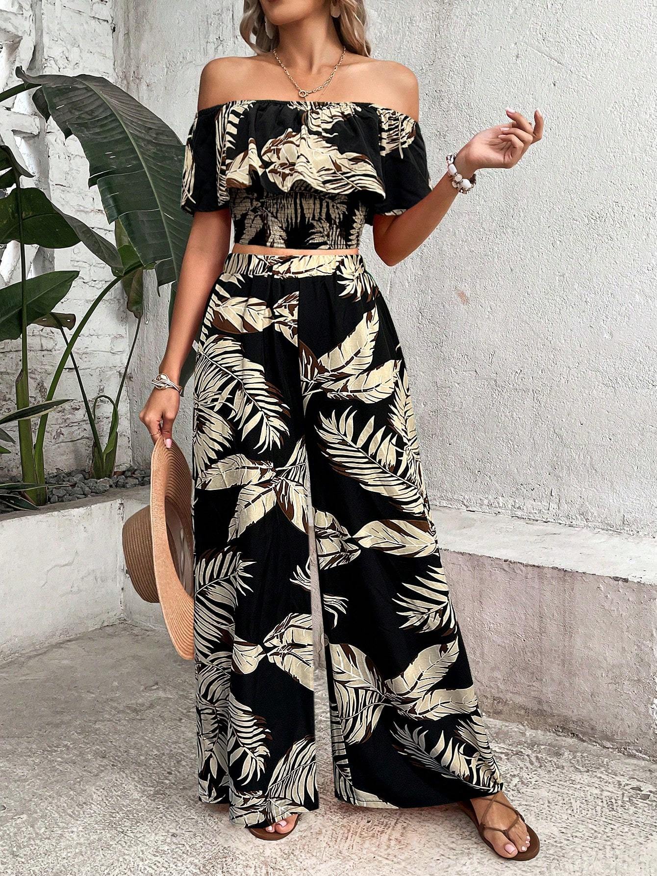 Ladies' Tropical Printed Off-Shoulder Top with Lace Trim & Wide-Leg Pants Set –  Vacation Outfit