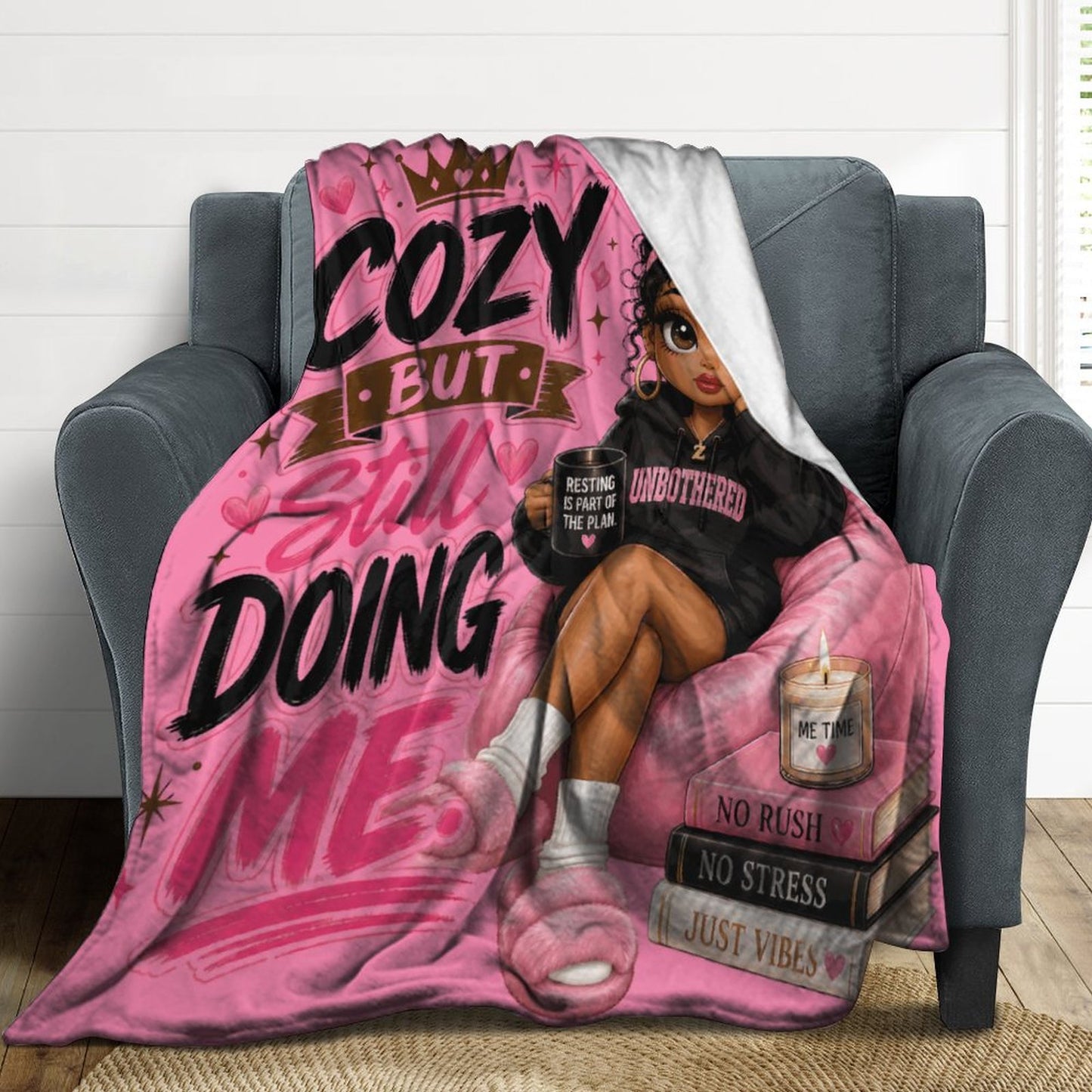 Cozy But Still Doing Me Flannel Throw Blanket – 60"x80" | Pink Black Girl Self-Care Blanket | 250gsm Soft Plush Oversized Blanket