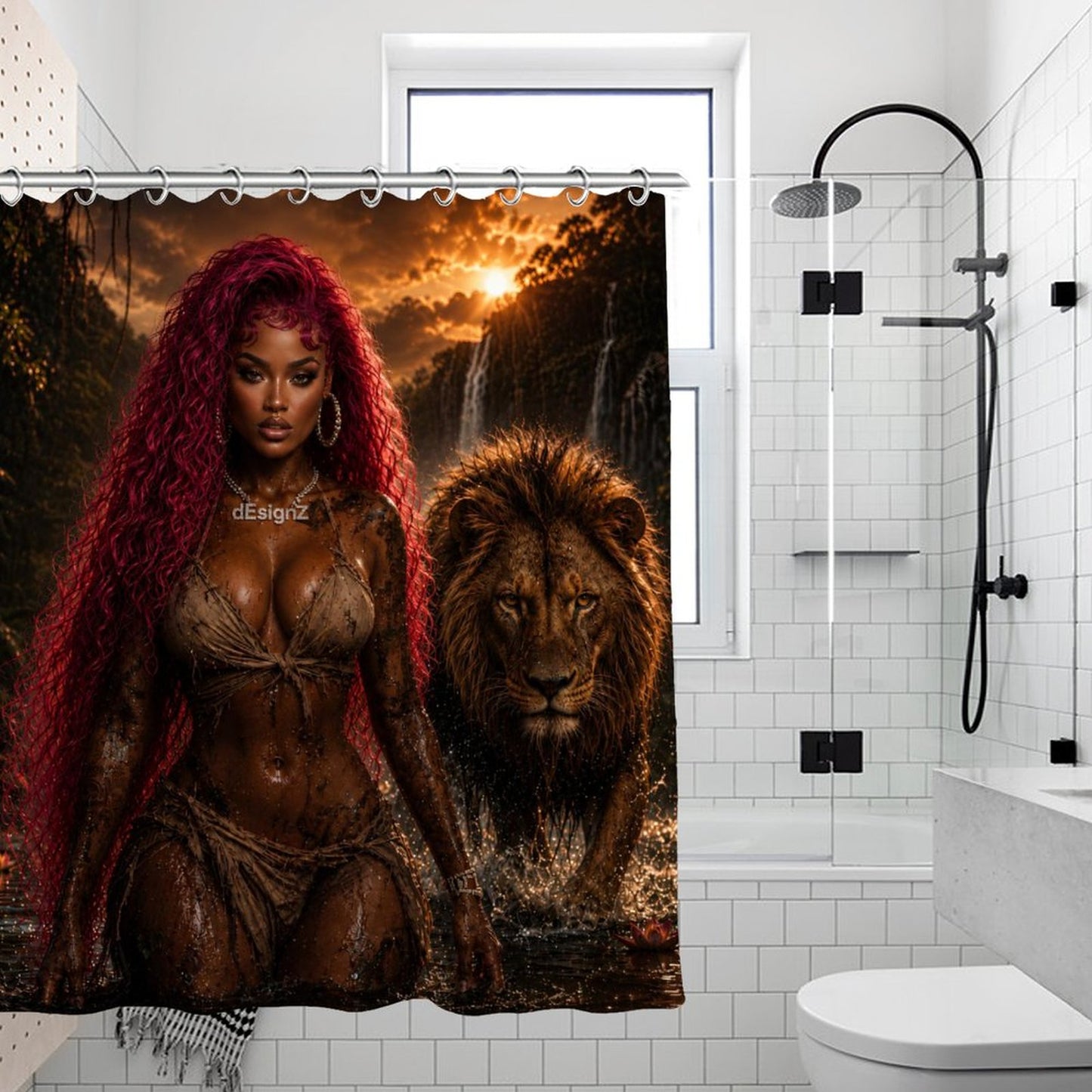 Jungle Queen Lion Shower Curtain, Black Woman Bathroom Decor, Pink Hair Goddess Art, Moody Jungle Bath Decor