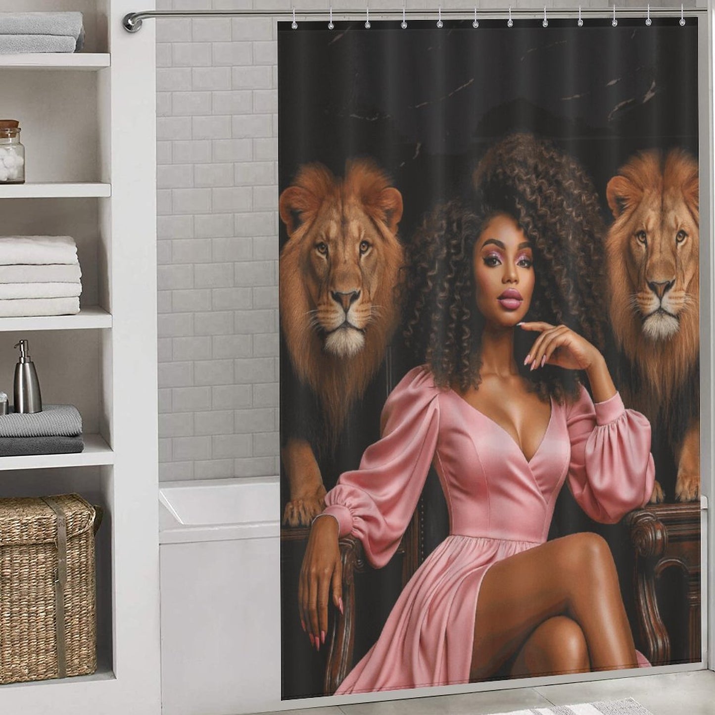 Regal Queen and Lions Black Luxury Shower Curtain