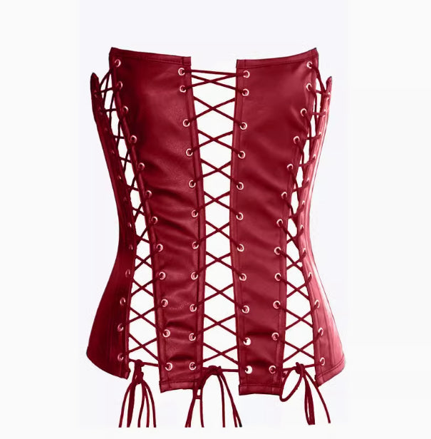 Sexy Hollow Low-Cut Fishbone Faux Leather Tunic Top | Gothic Corset-Style PU Leather Shirt | Clubwear & Night Out Statement Top for Women