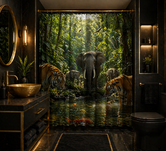 Luxury Jungle Wildlife Shower Curtain – Elephant & Tiger Nature Scene Waterproof Bathroom Decor, Tropical Forest Animal Bath Curtain