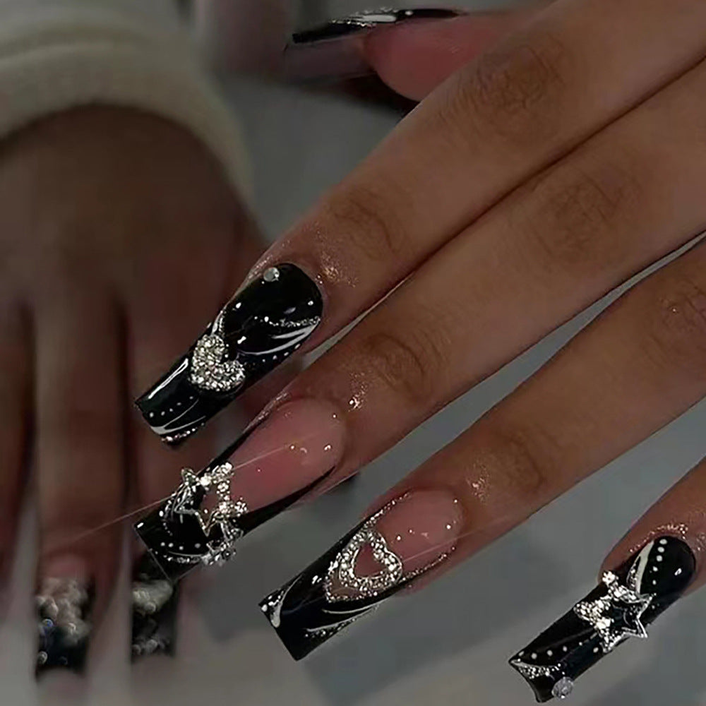 Black & Blush Pink Rhinestone Press-On Nails – Long Square French Tip Bling Nails with Heart & Star Charms | Luxury Glam Nail Set