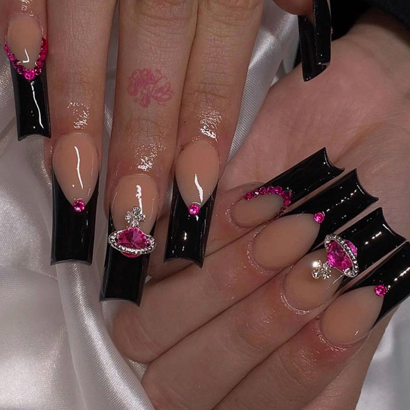 French Black Edge Nail Shaped Piece Queen Mother Rose Rhinestone Fake Nails