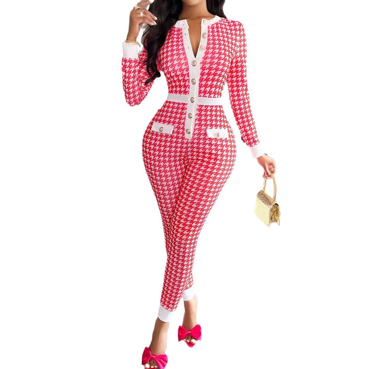 Chic Pink & White Houndstooth Button-Up Bodycon Set