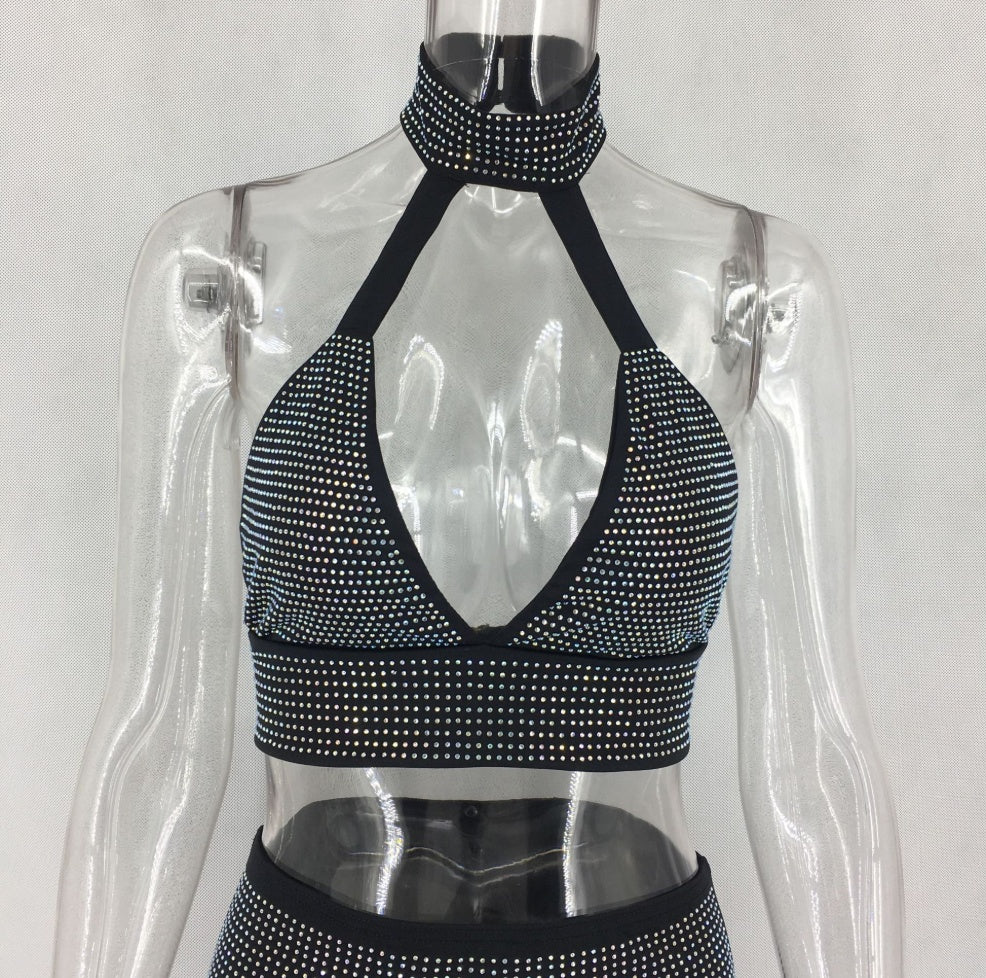 Women’s Diamond Two-Piece Set Dress | Luxury Sparkle Matching Outfit | Glam Evening & Party Wear