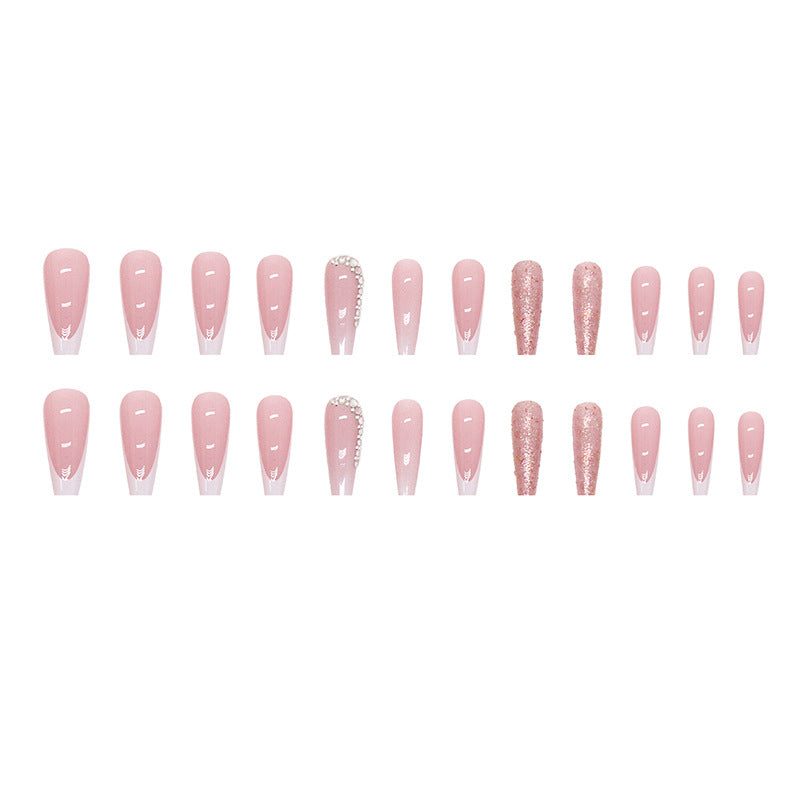Women's Fashion Simple French Gradient Length Pile Rhinestone Fake Nails