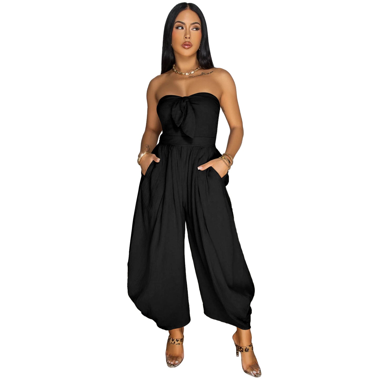 Sleek Chest Wrap Collar Jumpsuit – Elegant Solid Color One-Piece for Women