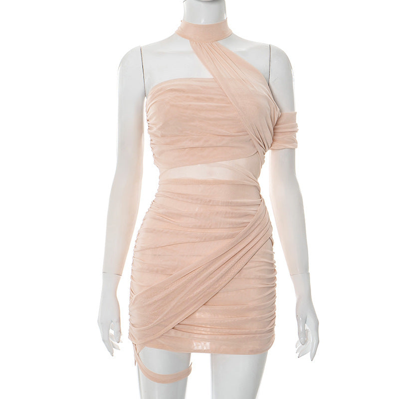 Mesh Halter Backless Pleated Sheath Dress – Asymmetric Cocktail Party Dress for Women, Sexy Elegant Evening Outfit