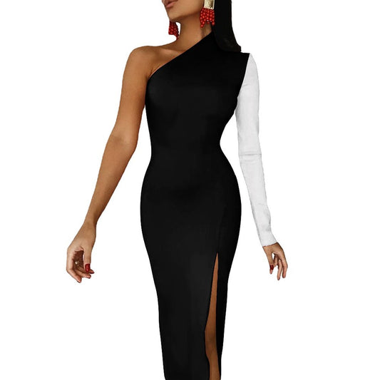 Black and White Evening Gown One Shoulder Split Dress