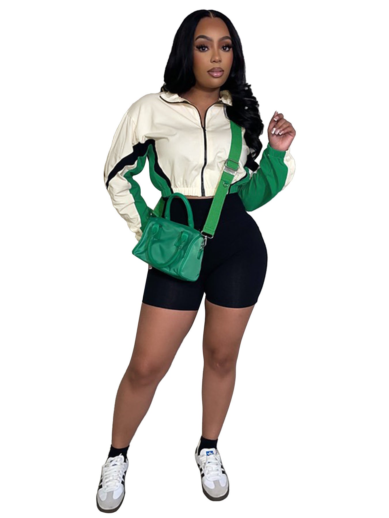 Women’s Patchwork Color Block Two-Piece Set – Zippered Crop Top & High Waist Sports Shorts Outfit | Casual Streetwear Matching Set