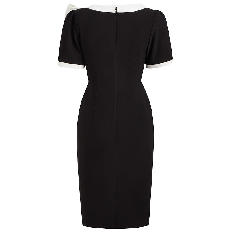 Chic Bow Accent Color-Block Slim Fit Dress – Women’s Crew Neck Short Sleeve Bodycon Mini | Modern Feminine Elegance