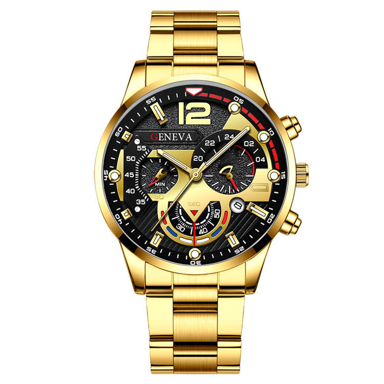 2Pcs Men’s Luxury Steel Strip Quartz Watch & Bracelet Set – Fashion Business Three-Eye Wristwatch Set for Men | Modern Elegant Gift Set
