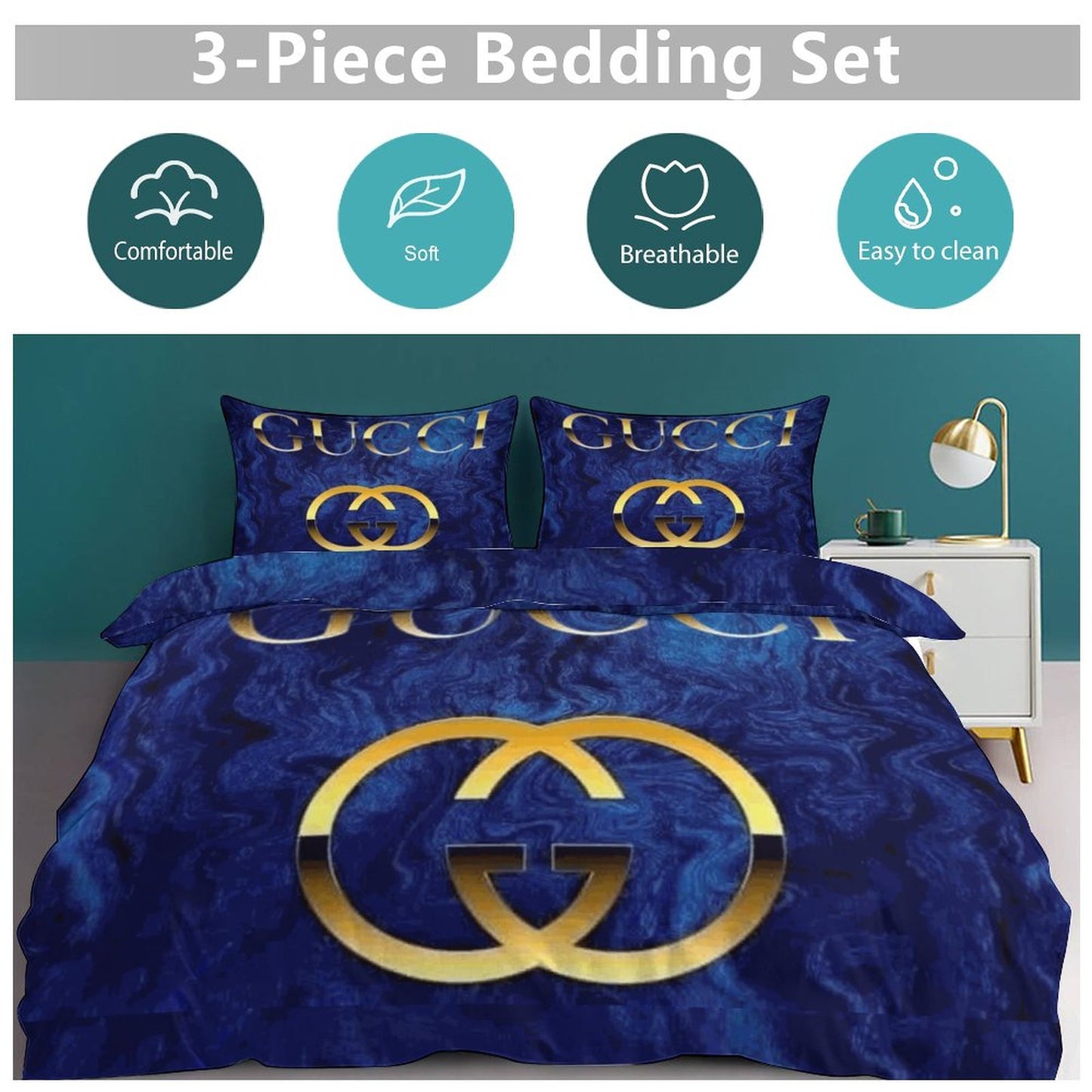Luxury Blue & Gold Bedding Set – 3 Piece Comforter & Pillowcases | 3-Piece Bedding Set (Dual-sided Printing)