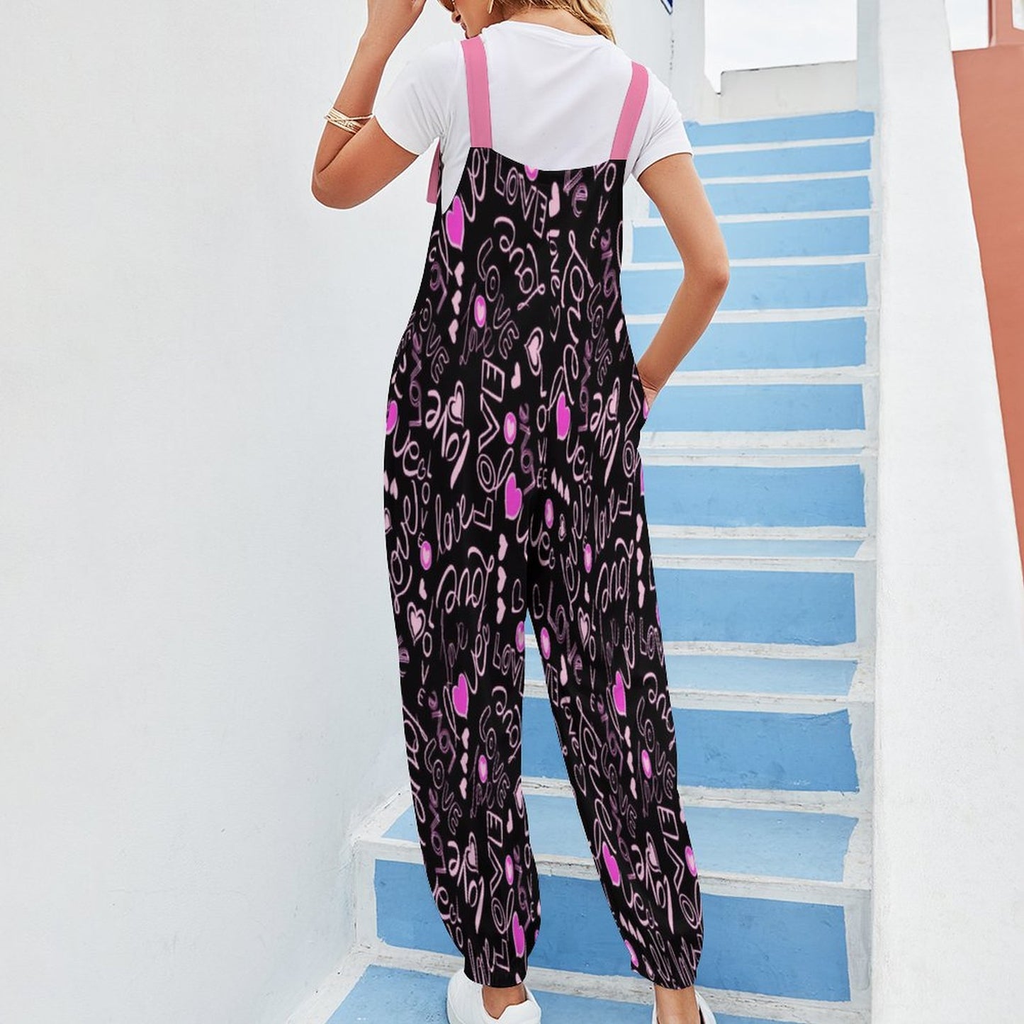 Chic Black & Pink Love Spaghetti Strap Jumpsuit – Sleek Women's Fashion for Every Occasion