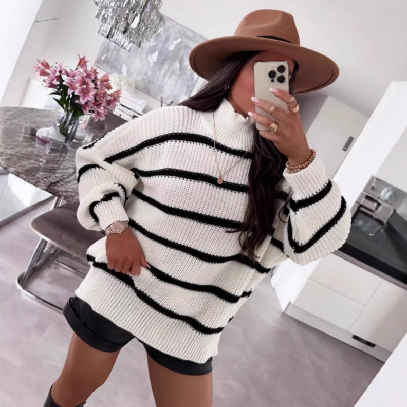 Loose Striped Mock-Neck Knitwear Pullover | Contrast Color Oversized Sweater for Women | Cozy Fall Winter Fashion | Casual Streetwear Sweater Top