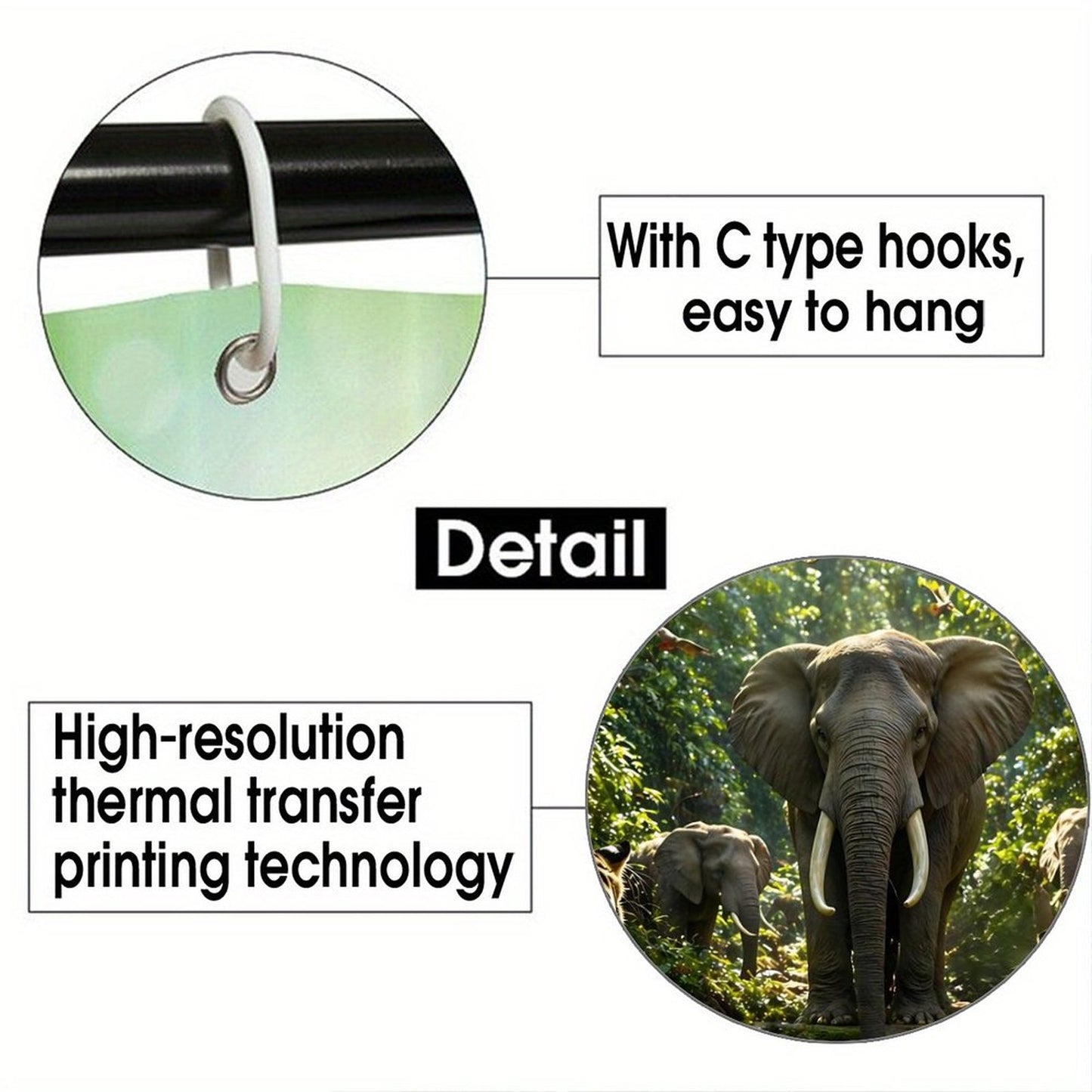 Luxury Jungle Wildlife Shower Curtain – Elephant & Tiger Nature Scene Waterproof Bathroom Decor, Tropical Forest Animal Bath Curtain