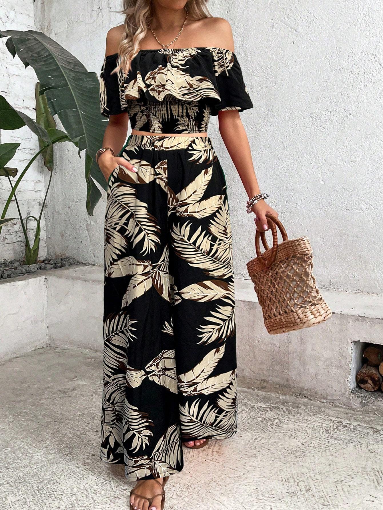 Ladies' Tropical Printed Off-Shoulder Top with Lace Trim & Wide-Leg Pants Set –  Vacation Outfit