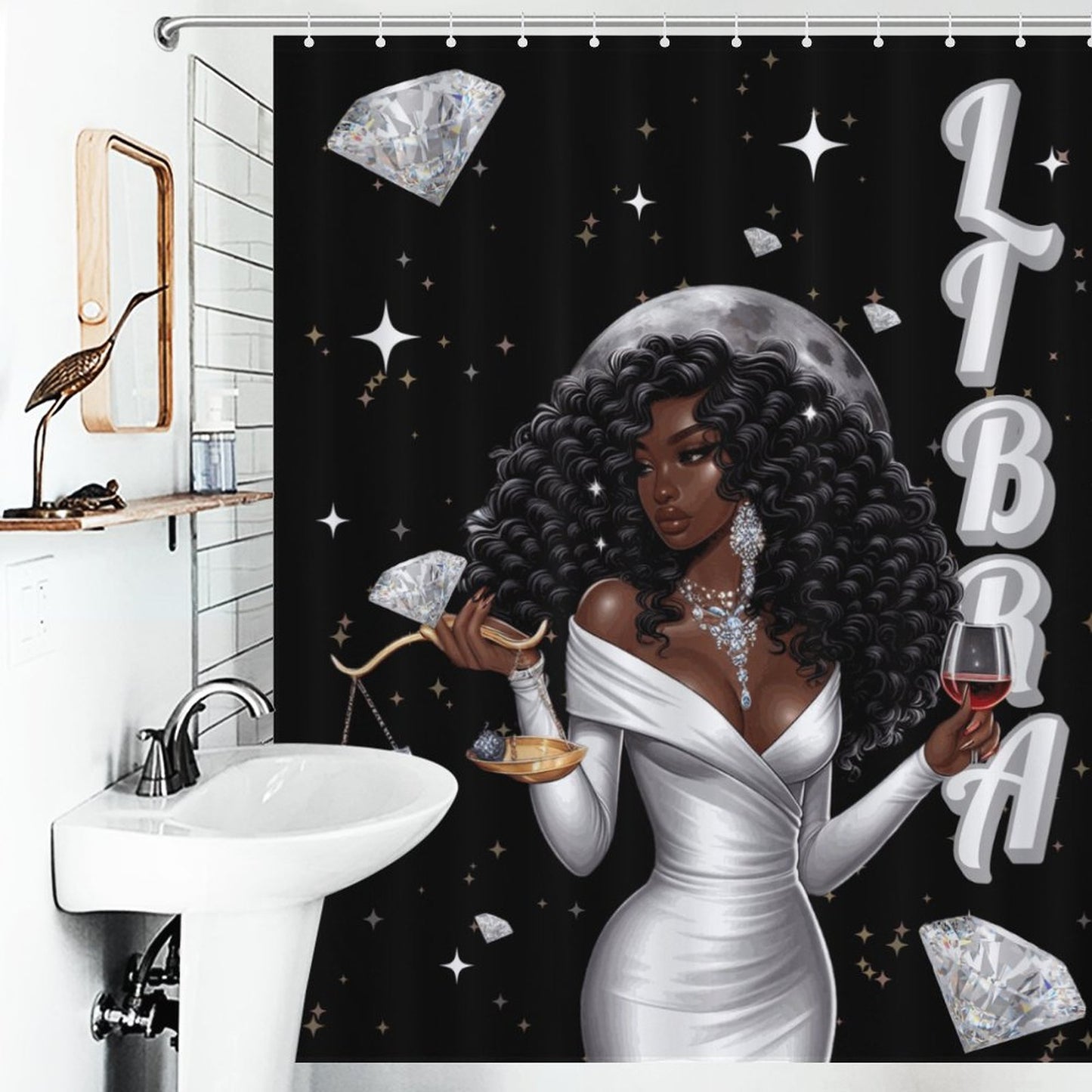 Melanin Libra Women with Diamonds Shower Curtain – Zodiac-Inspired Luxury Bathroom Decor