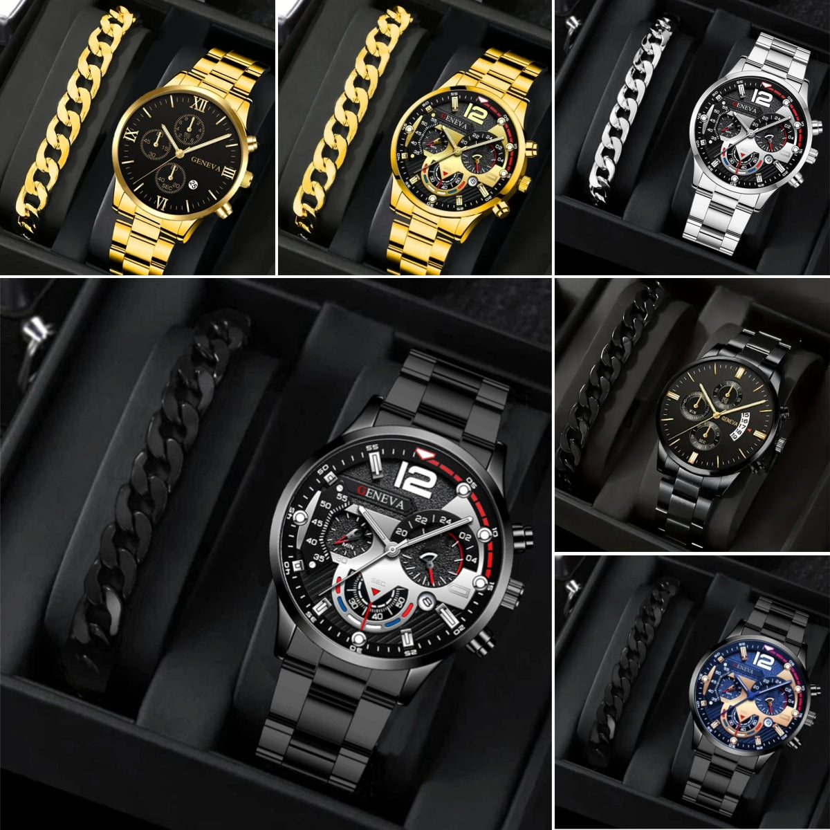 2Pcs Men’s Luxury Steel Strip Quartz Watch & Bracelet Set – Fashion Business Three-Eye Wristwatch Set for Men | Modern Elegant Gift Set