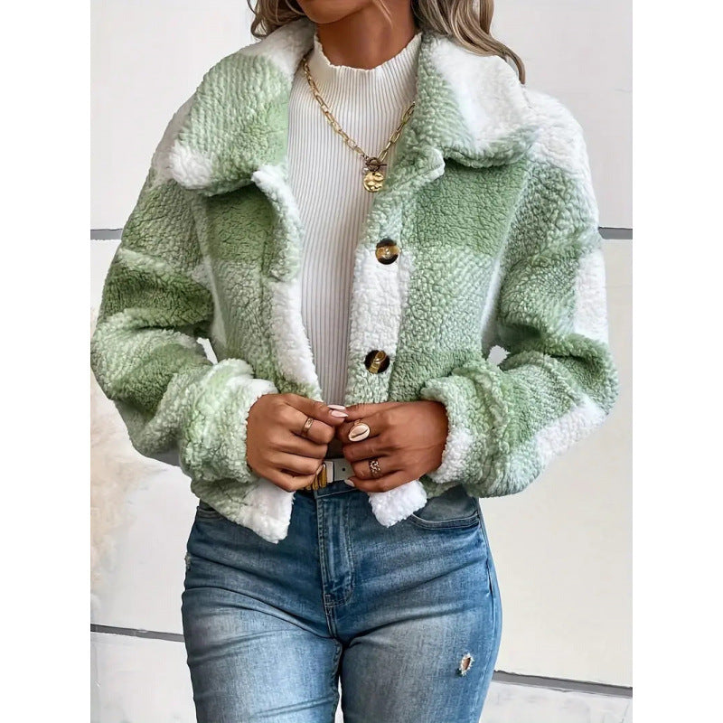 Plaid Pattern Plush Button Cardigan – Cozy Casual Warm Coat for Women, Soft Winter Jacket, Oversized Fall Sweater Coat, Trendy Outerwear Gift