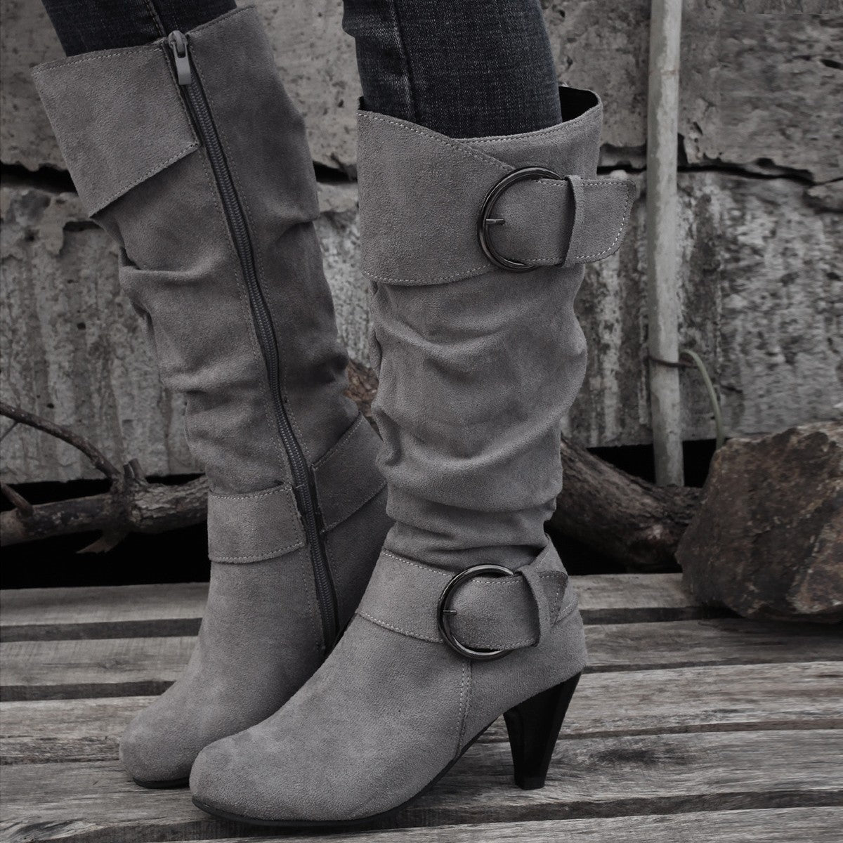 High Tube Below The Knee Round Head Buckle Women Boots